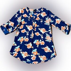 RUE21 NAVY FLORAL ROSE PRINT BLOUSE SHIRT 1/2 BUTTON ZIPPER POCKETS TUNIC L TOP